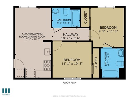 A floor plan of a home with a kitchen, living room, dining room, and two bedrooms.